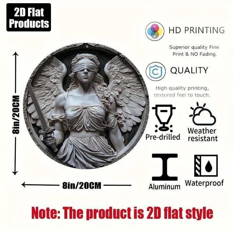 2D Relief Blind Justice Angel With Sword Round Metal Tin Sign 7.87x7.87 Inch Stone Sculpture Iron Plaque Office Study Wall Art