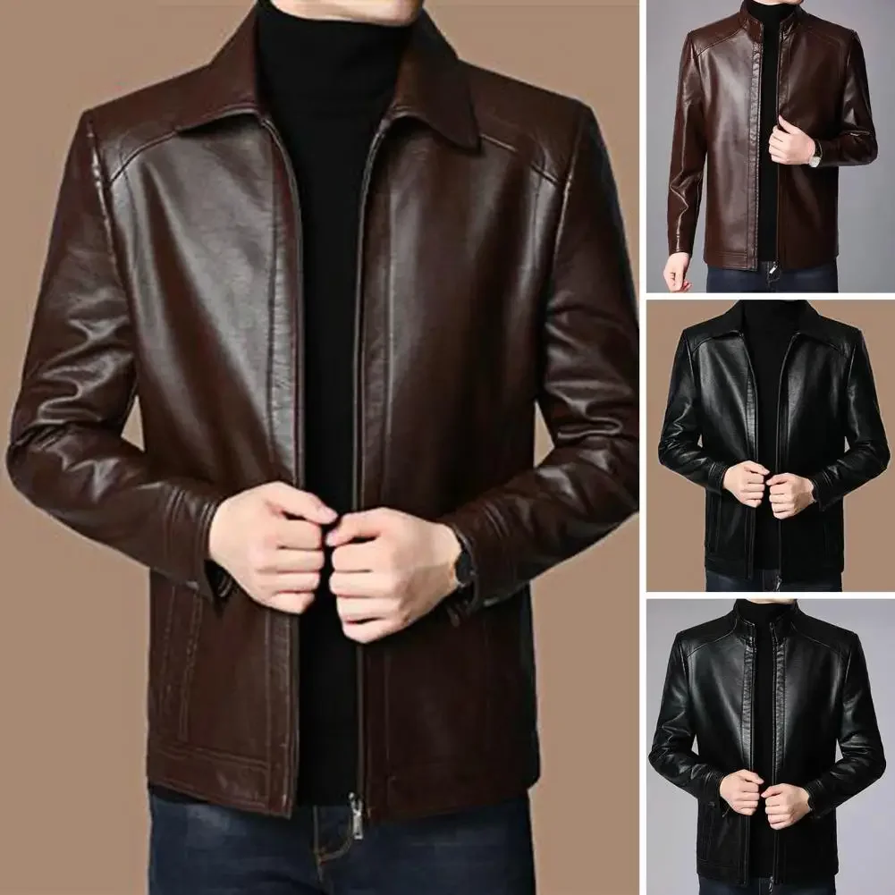 Men Faux Leather Jacket Men\'s Faux Leather Motorcycle Jacket with Stand Collar Thick Warm Lining Windproof Design for Autumn