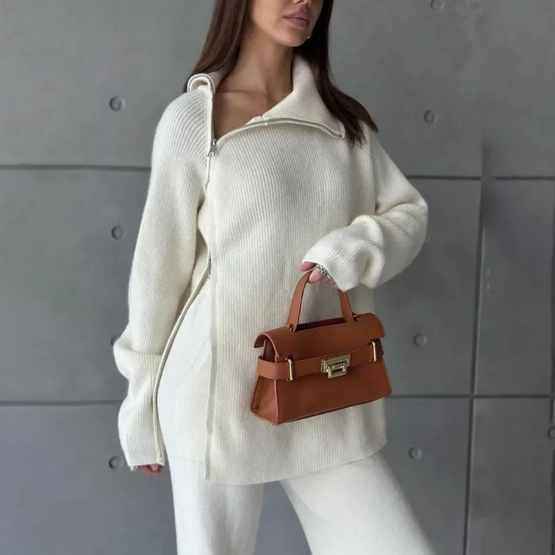

Knitted Sweater Pants Set Women's Solid Turtle Collar Zip Sweater Top Pants 2-piece Set Autumn Knitted Women's Pants Set
