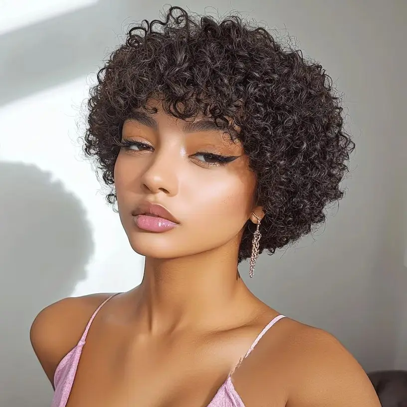 

Brazilian Short Bob Pixie Afro Kinky Curly Wigs With Bangs For Black Women Natural Brown 99J Full Machine Made Human Hair Wigs
