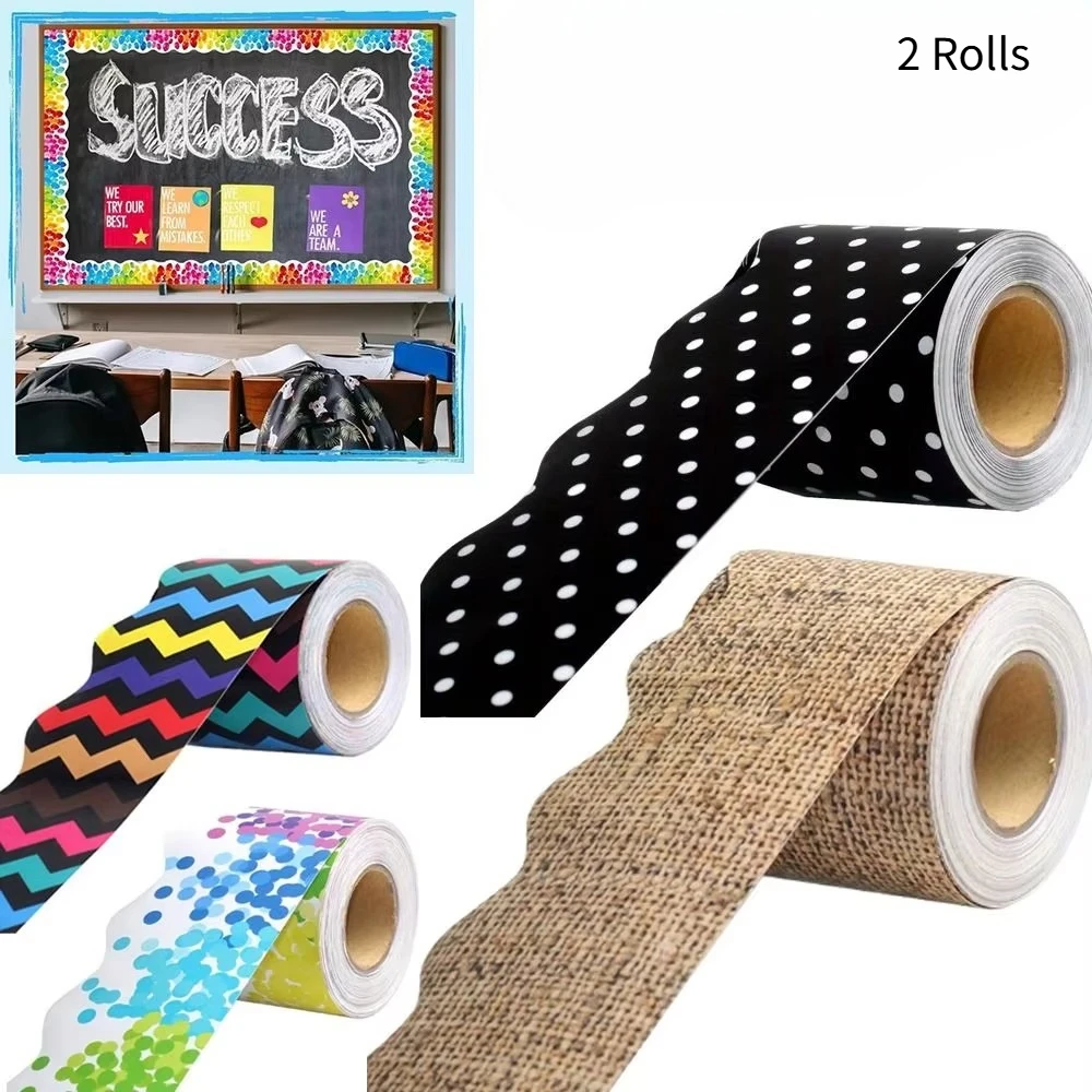 2 Rolls Classroom Bulletin Board Poster Border Stickers Colored Wavy Edge Paper Home Party DIY Wall Decoration