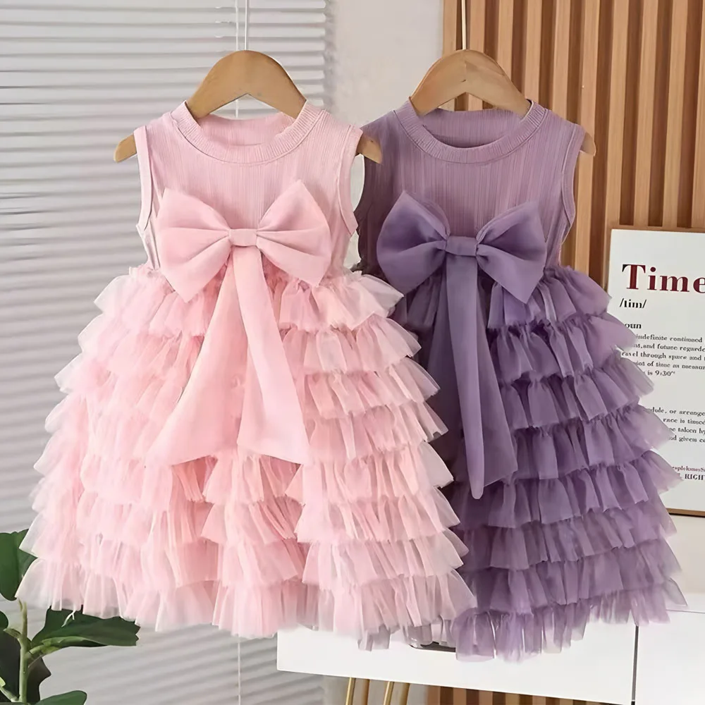 Neues Mädchen-Tüllkleid 0-10 Jahre Modisches Kinder-Prinzessinnen-Hochzeitskleid Baby-Kinder-Mode Schleifenknoten Geburtstagskleider Rosa Lila Neu
