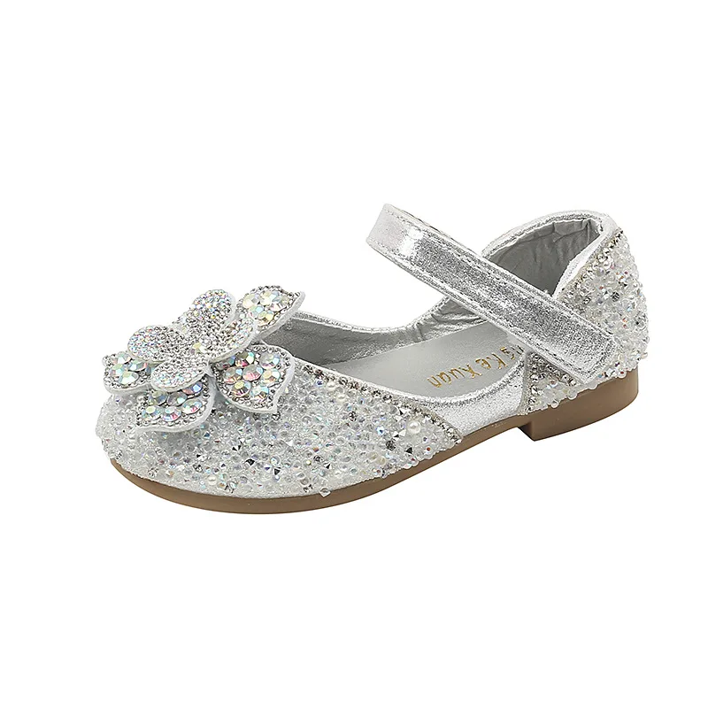 Autumn Girls Sequins Bow Leather Shoes Children Wedding Sandals Kids Crystal Single Princess Shoes J389