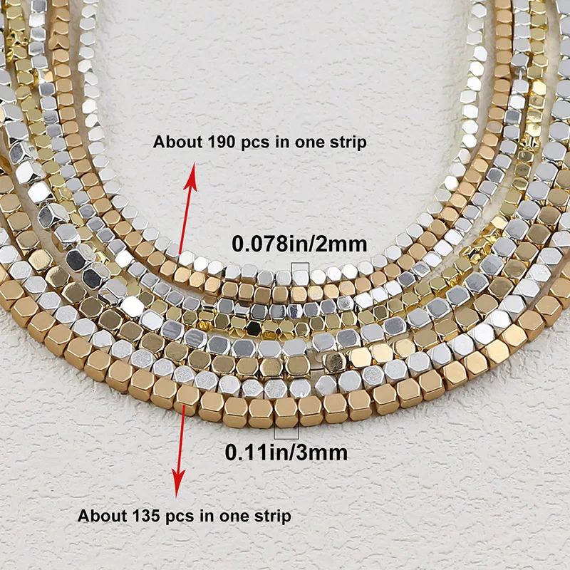 2mm 3mm Square Stone Bead Matte Gold Plated Natural Hematite Loose Beads For Jewelry Making Bracelets Necklaces DIY Accessories