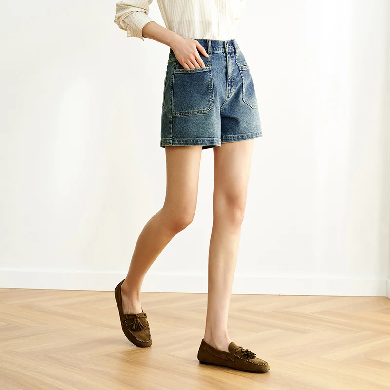 Women's Vintage Washed Denim Shorts with Elastic Waist