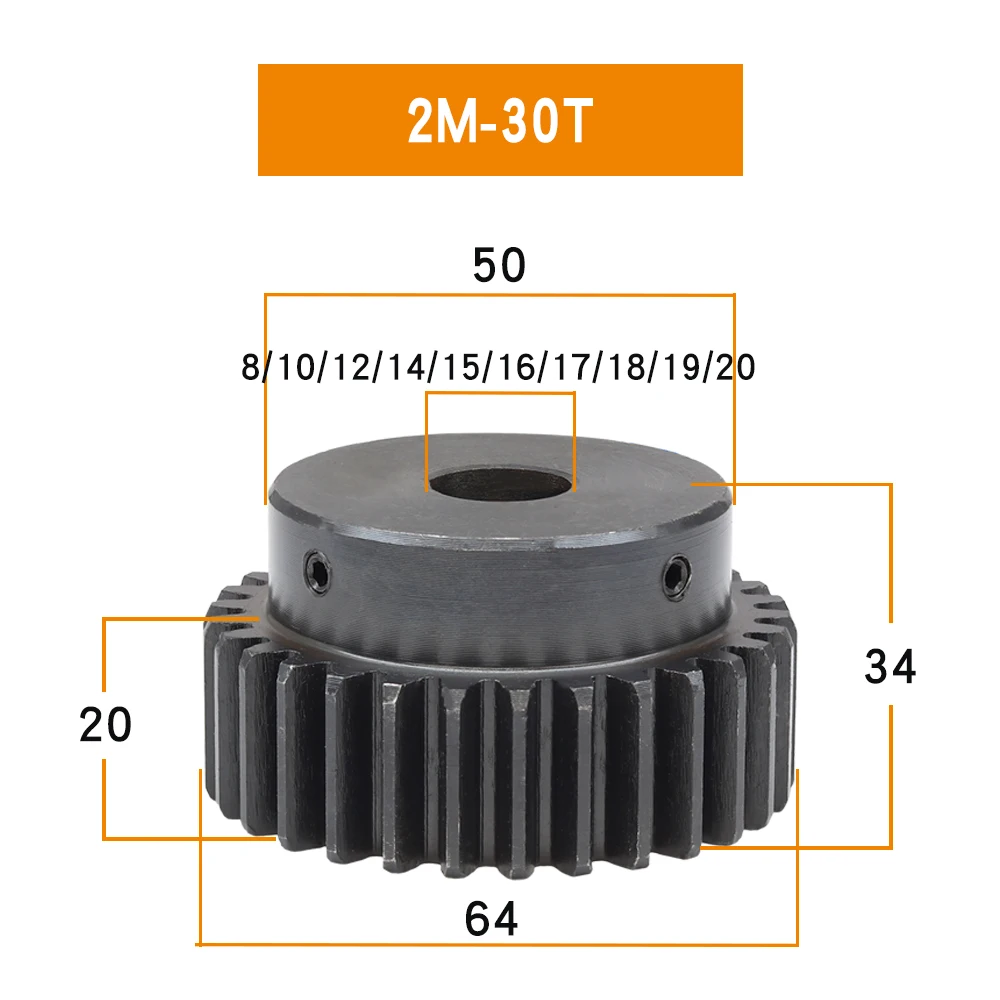 Spur Gear 2M-30T Bore 8-30 mm Pitch 6.28 mmTeeth Outer Diameter 64mm Gear Wheel Blackening SC45#Carbon Steel Teeth Height 20mm