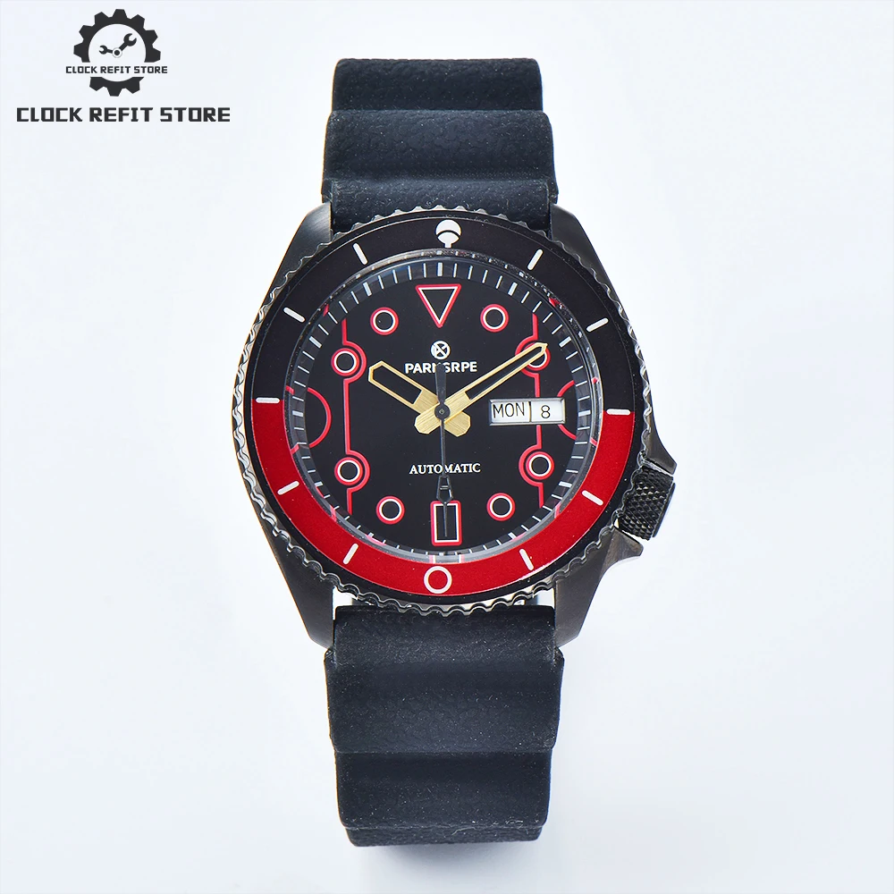 Parnsrpe - Casual fashion 42mm men\'s watch NH36A caliber red and black scale waterproof screw crown sapphire crystal