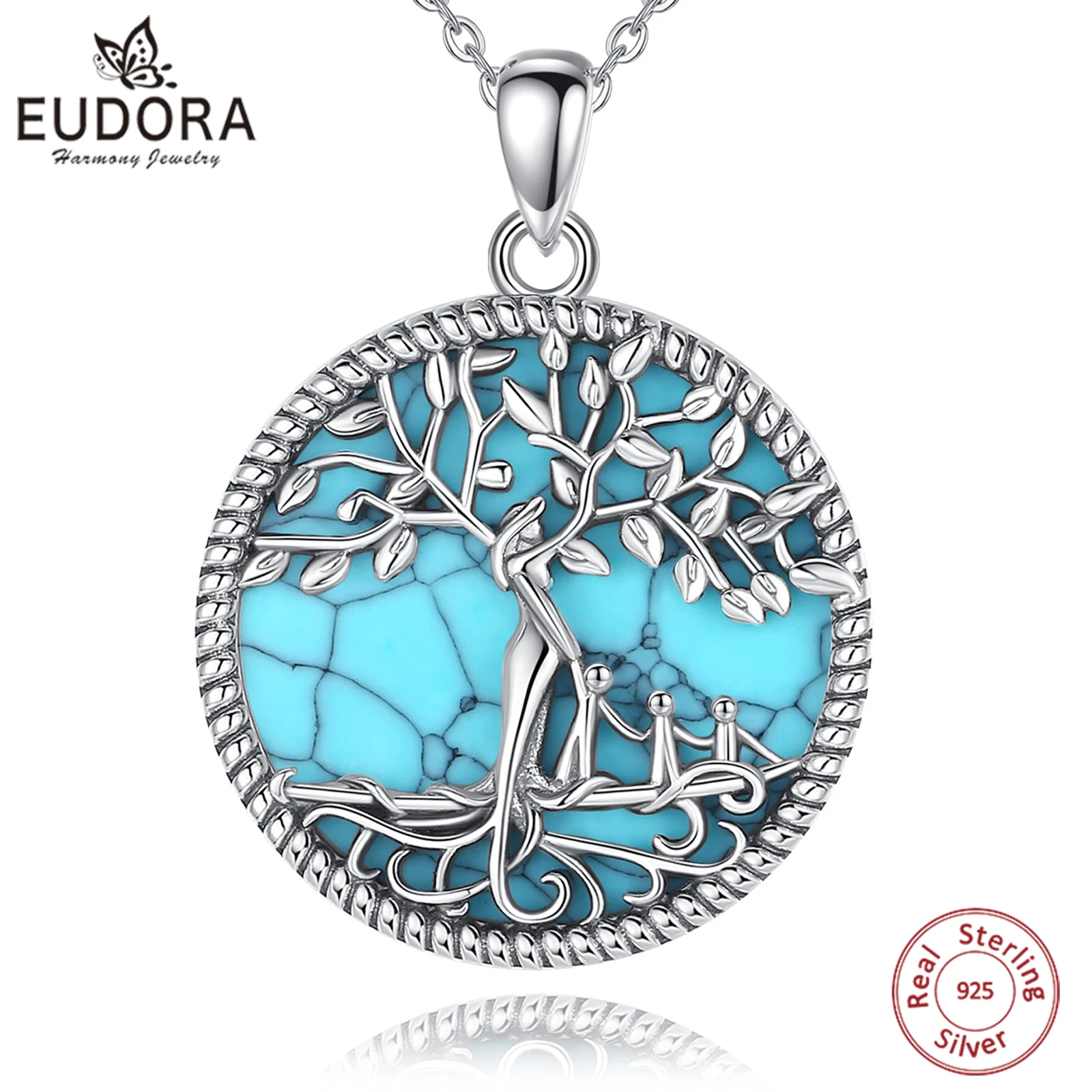 Eudora 925 Sterling Silver Tree of Life Necklace Turquoise Mother and Three Child Pendant Jewelry Mother's Day Gift for Women