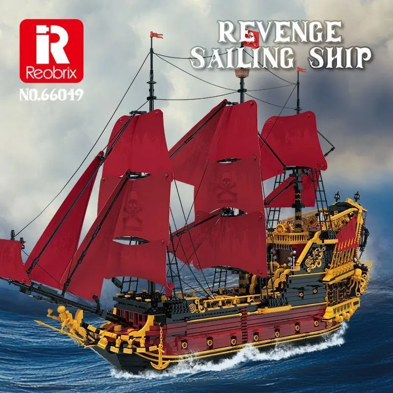 Reobrix 66049 Queen Anne of the Caribbean Revenge Pirate Ship Assembly Model Toy Gift