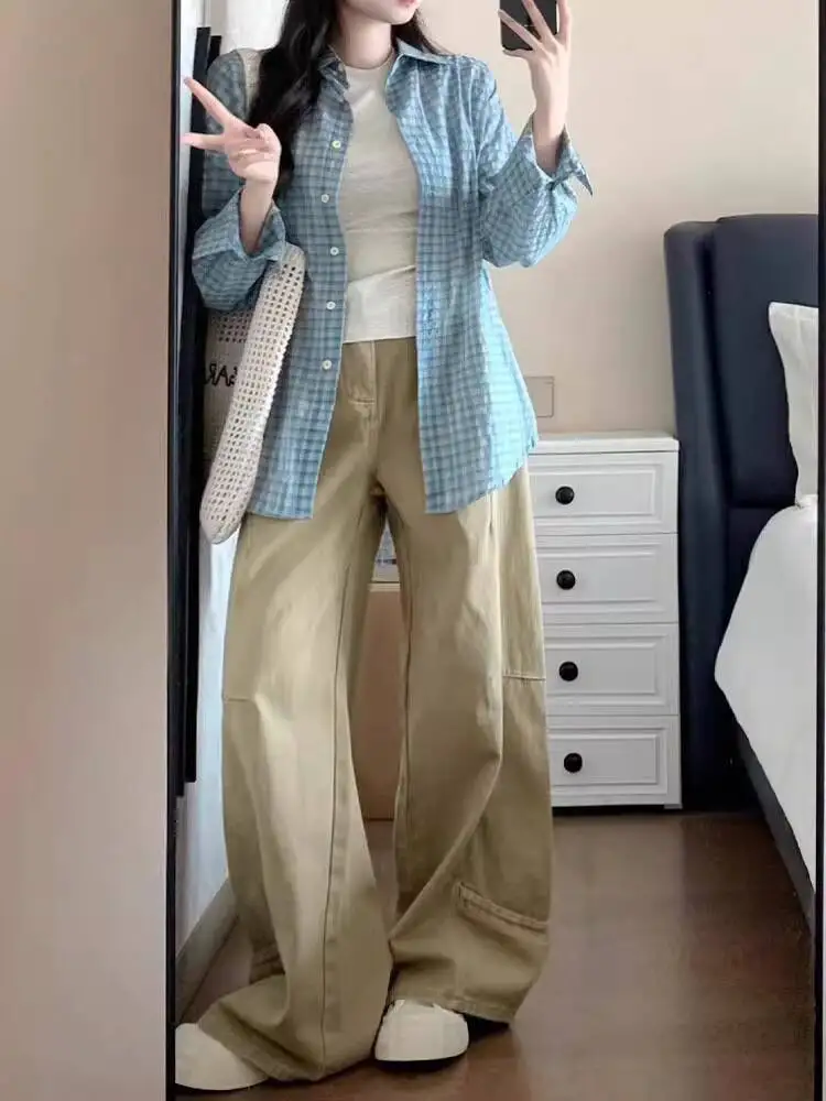 

Plus Size Women's Casual Pants Autumn Khaki Cargo Jeans High Waist Loose Wide Leg Slimming Versatile Straight Leg Trousers