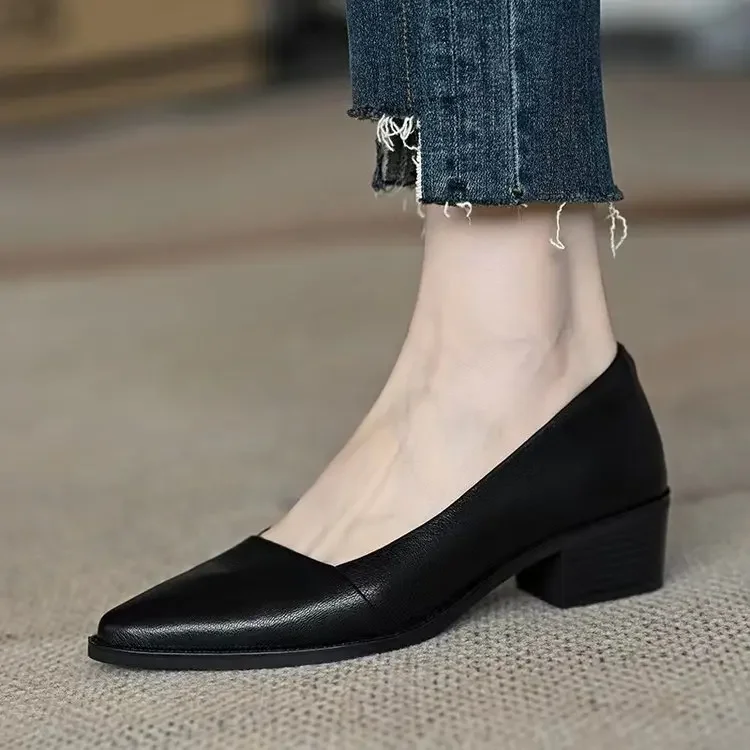 New Retro Pu Leather Heels Shoes Pointed Toe Slip-on Loafers Mid Heeled Shoes Women Spring Casual Pumps