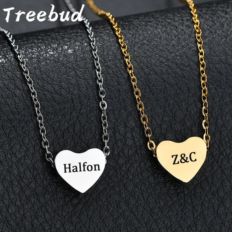 Treebud Custom Name Heart Necklace Stainless Steel Jewelry for Women Personalized Laser Engraved Pendant Mom Lovers Friend Gifts