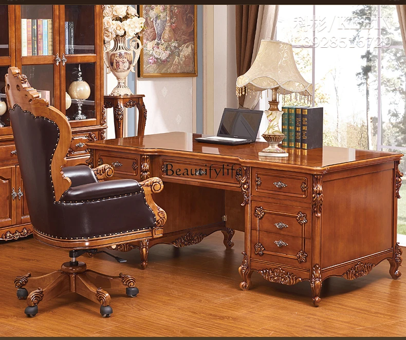 European desk, American retro solid wood carving flower writing desk desk