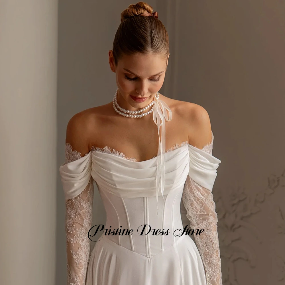 فستان زفاف شيفون ساحر بدون حمالات طيات مخصصة دانتيل قبالة الكتف فساتين الزفاف مع فتحة جانبية وقطار الاجتياح