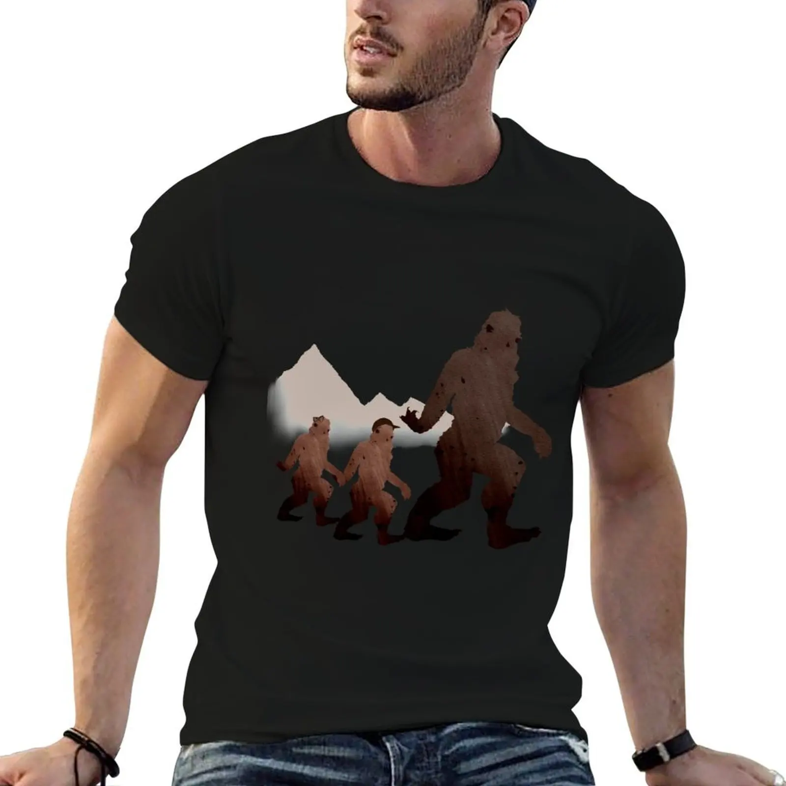 

Bigfoot and the Family on Hike T-Shirt man t shirts graphic man t shirt luxury T-Shirt