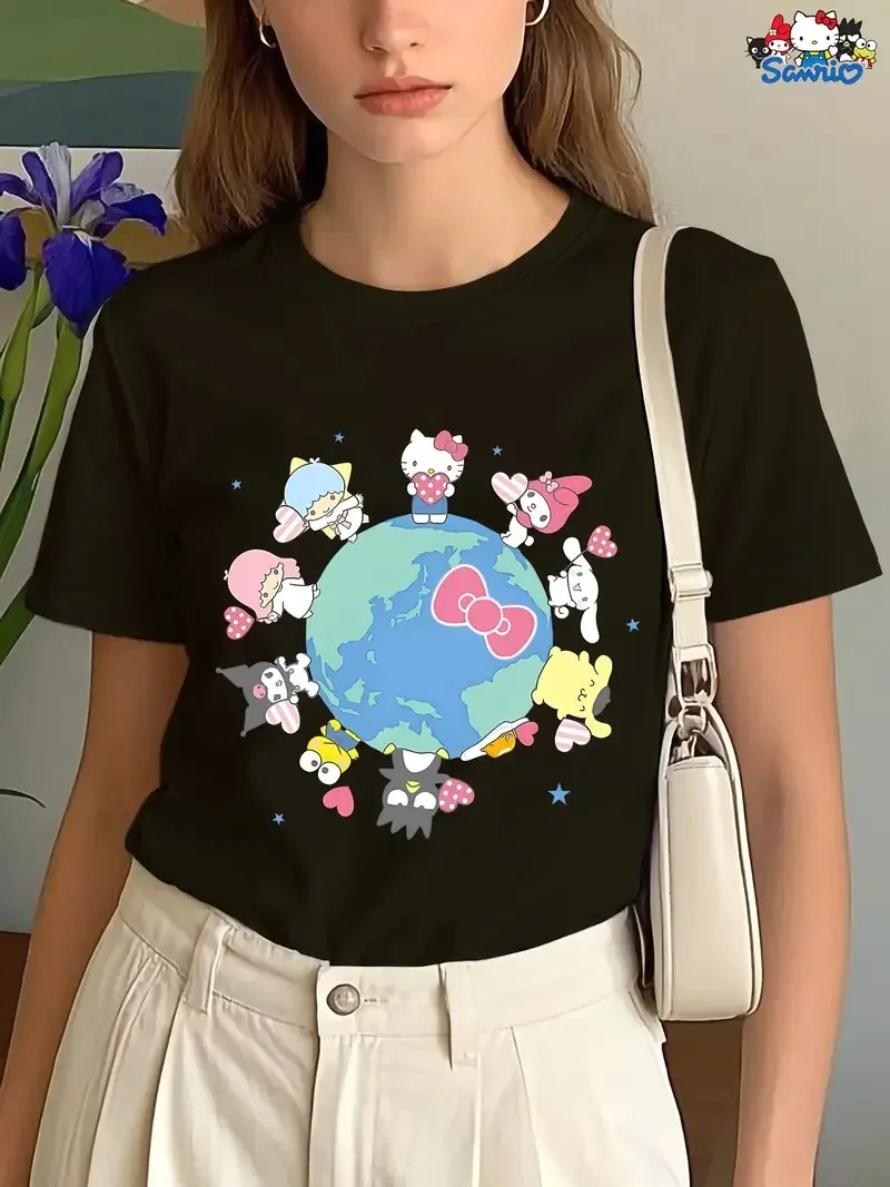 

Sanrio Global Character Circle Pure Cotton T - Shirt Adorable Hello Kitty & Friends Around The World Print New Arrival Tee S-4XL