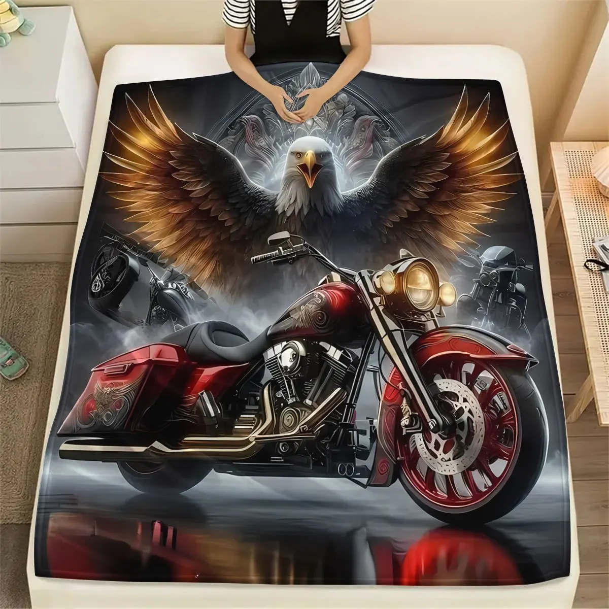 Biker Eagle Blanket Vintage Red Cruiser Motorcycle And Powerful Bald Eagle Gothic Pattern Art Soft Flannel Throw Blanket