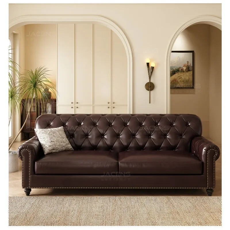 #Home American leather sofa three-person straight row sofa French retro knight size apartment sofa