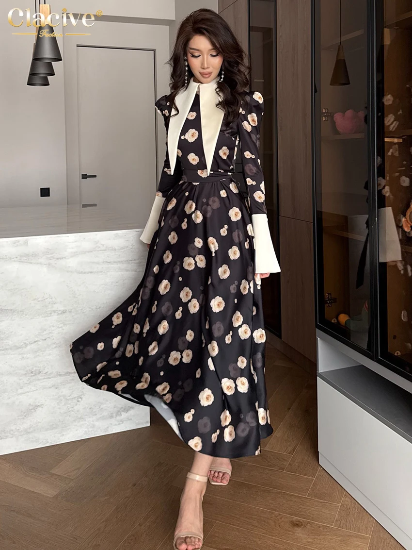 Clacive Fashion Slim Print Women's Dress Autumn Lapel Long Sleeve Ankle Length Dresses Elegant Classic High Waist Female Dress view 2