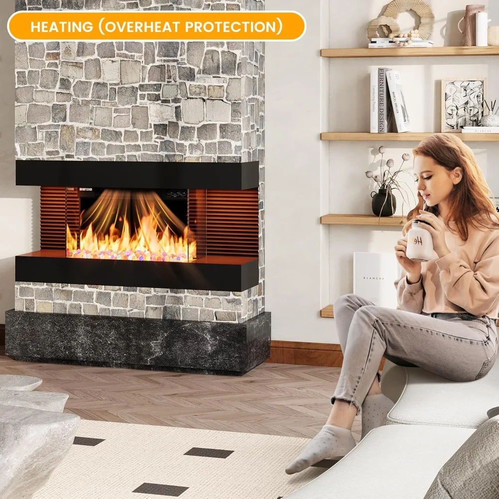 مدفأة كهربائية مثبتة مقاس 18 بوصة مع رف عائم مقاس 32 بوصة، وحدة الكل في واحد تتميز بأحجار كريستال ملونة