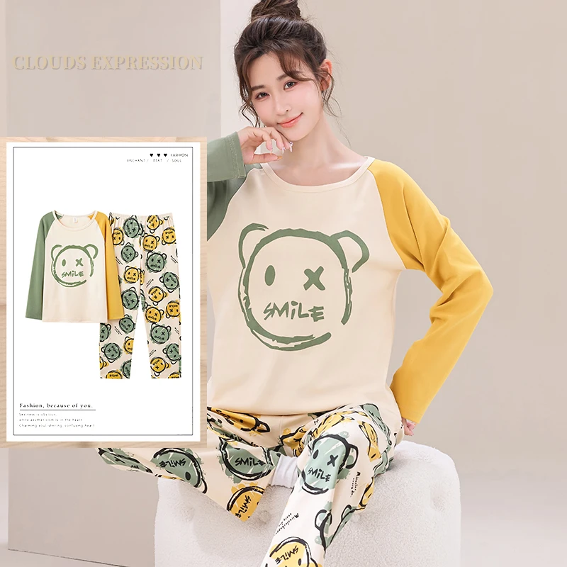 Conjunto de Pijama de dibujos animados para Mujer, ropa de dormir Kawaii, para estar en casa, para otoño