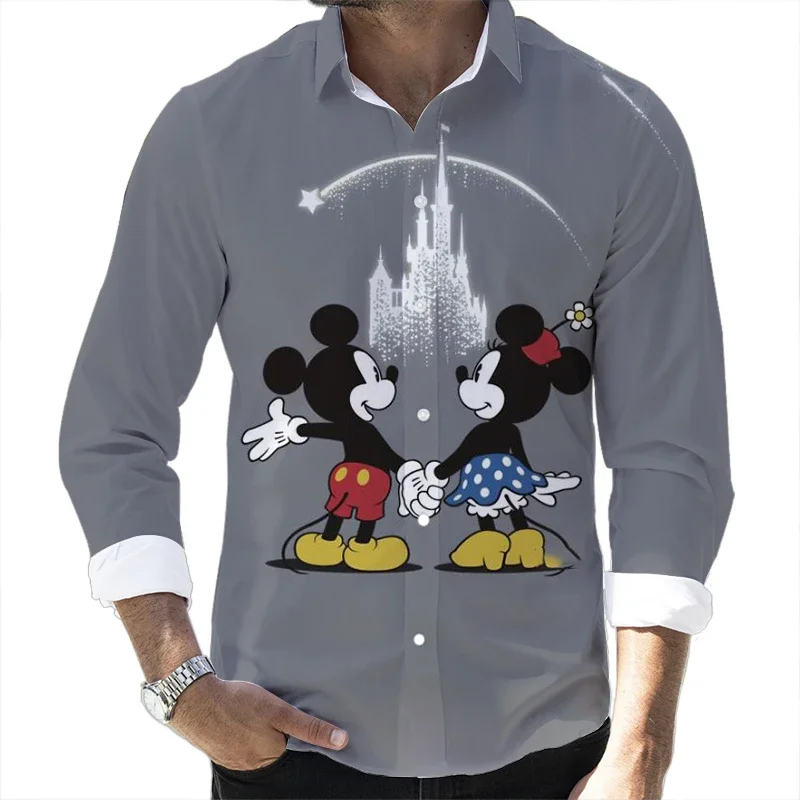 2023 Fall Hot Sale Casual Button Long Sleeve Shirt Disney Mickey Donald Duck and Goofy 3D Full Print Fashion Men\'s Lapel Top