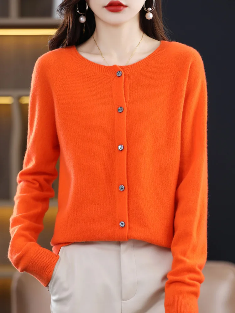 2024 Spring  Autumn Fashion 100% Wool Sweater Women\'s O-neck Cardigan Long-sleeved  Knitted solid color soft  clothing