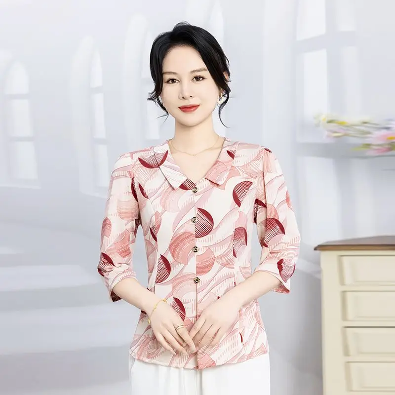 Mutter Frühling Sommer Pendeln 3/4 Ärmel Eis Seide Hemd Senior frauen Lose Große Größe Hemd Dünne Basis hemd