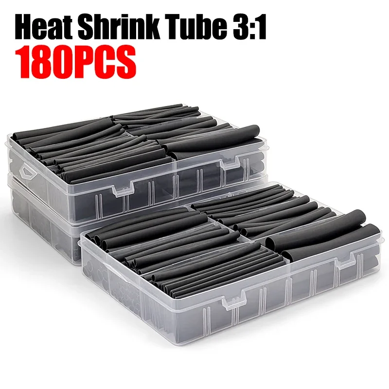 180Pcs 3:1 Black Waterproof Heat Shrink Tube Flame Retardant For Water Pump Air Compressor Motor Internal Wire Sealing Fix
