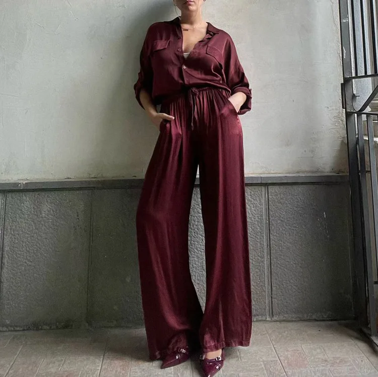 

Red Satin Casual Suit For Women Spring And Autumn New Style Lapel Long Sleeve Loose Shirt High Waist Trousers Two Piece Suit