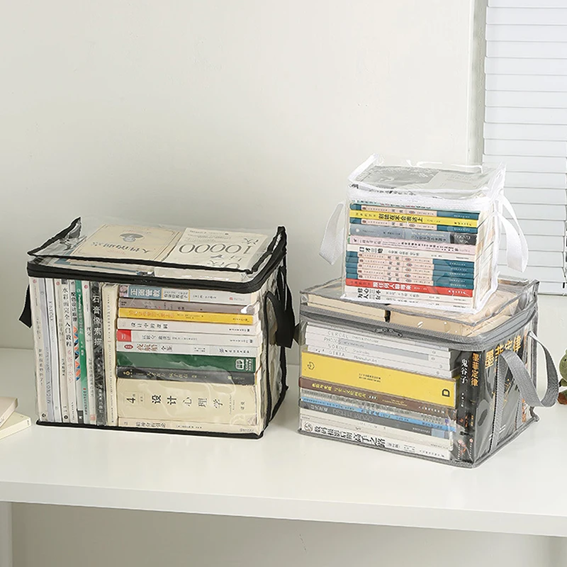 Book Storage Bag Transparent Collection Container With Handle Stackable Case Clutter Bin Dust Proof Organizer Collapsible Pouch