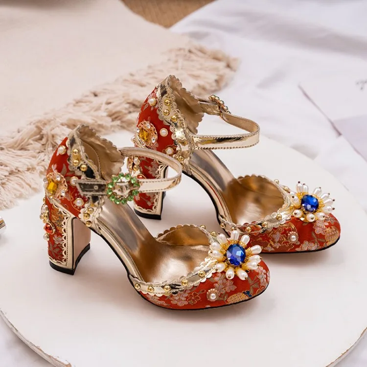 Large Size43 Blue Jacquard Cloth Women Pumps Pearl Crystal Flower High Heels 10cm Ankle Strap Red Wedding Shoes Zapatillas Mujer