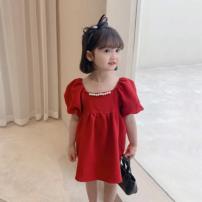 

Retro Girls' Dress Women's Summer New Dress Temperament Square Collar Puff Sleeve Women's Pearl Princess Dress