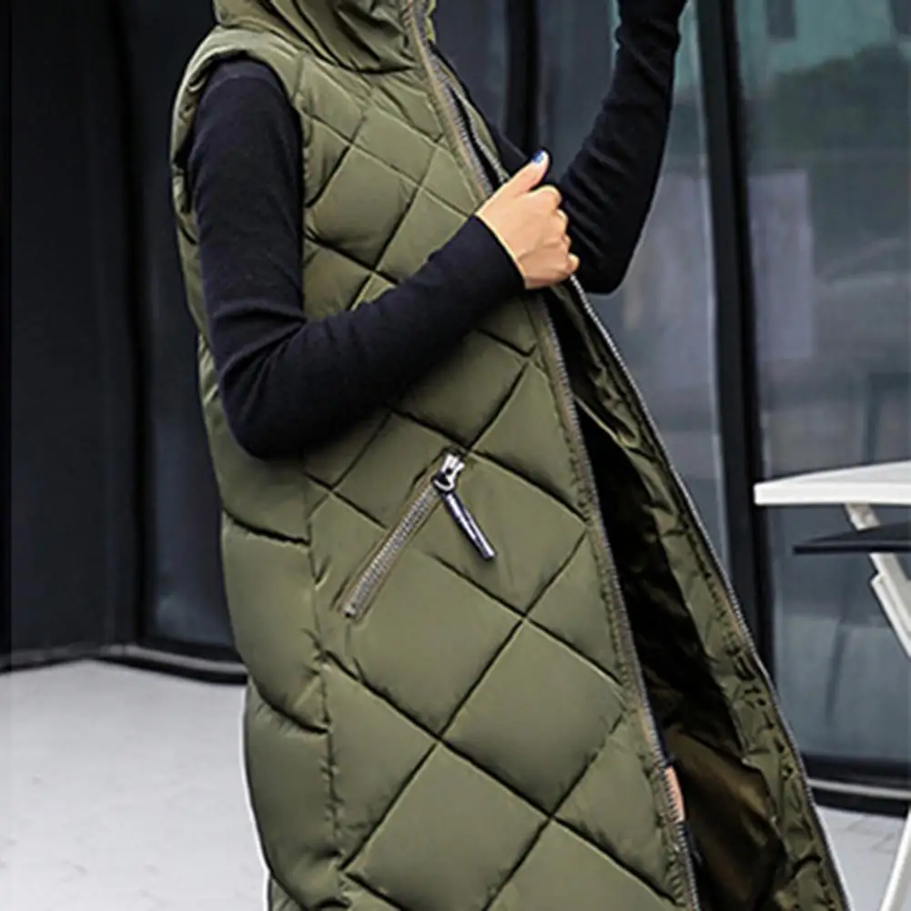 Winter Women Vest Coat Solid Color Padded Zipper Sleeveless Hooded Vest Thick Midi Length Winter Down Coat For Daily Wear