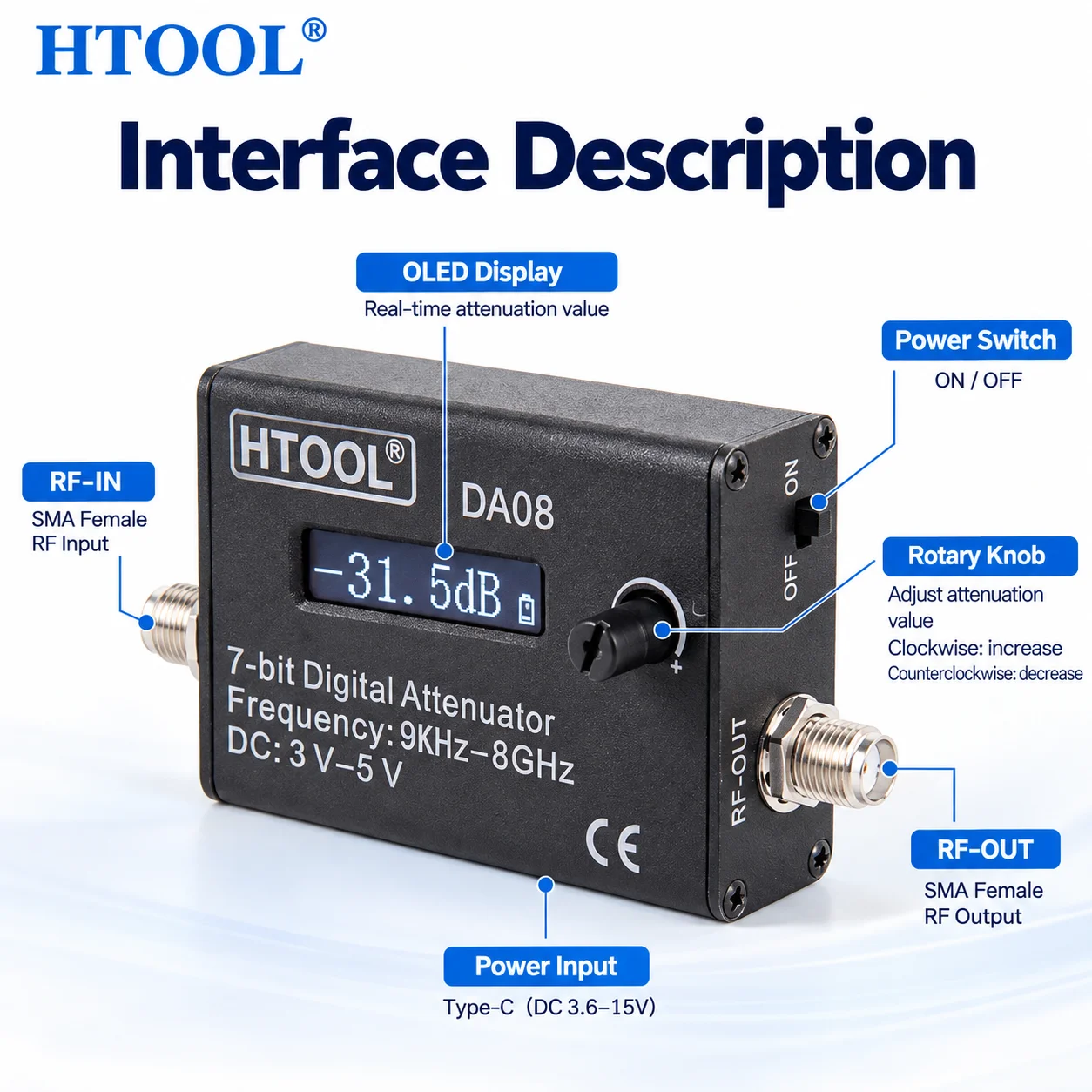 HTOOL DA08 9kHz-8GHz 7-Bit Digital RF Attenuator 0-31.5dB 0.5dB Step Adjustable SMA OLED Display Rotary Knob Type-C