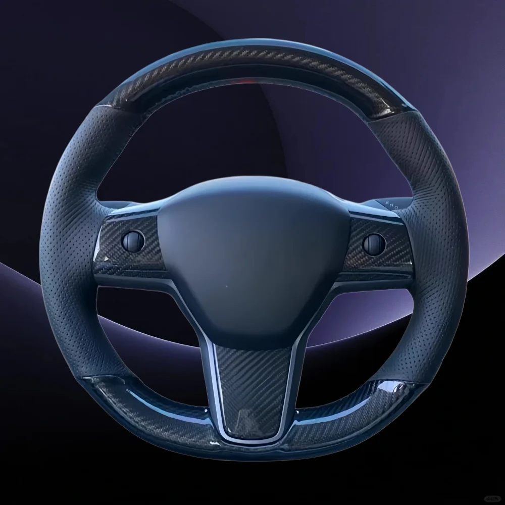 Autozubehör Handgenähter schwarzer rutschfester Carbonfaser-Leder-Lenkradbezug für Tesla Model Y 2017-2023 und Model 3