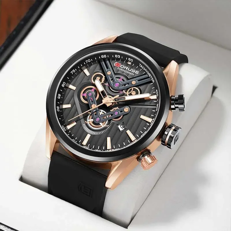 BORUSE Reloj de moda de 2 piezas, reloj analógico con fecha y collar para hombre, conjunto de correa de silicona negra, esfera circular para hombre, la mejor opción