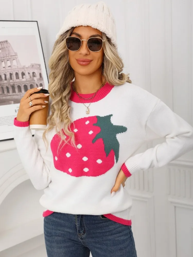 2025 Autumn Women O-Neck Ruffles Sweater Long Sleeve Knitted Bottoming Strawberry Pullovers Stripe Women Casual Sweater Winter