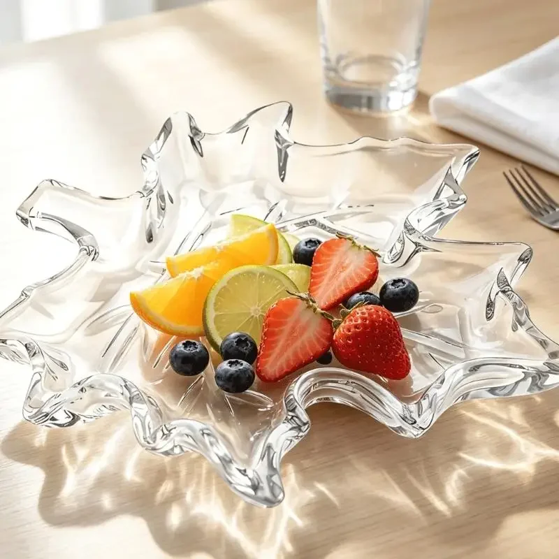 Glass Snacks Dish for Coffee Stations and Reception Area, Clear Maple Fruit Plate for Candy and Dessert, Fall Harvest
