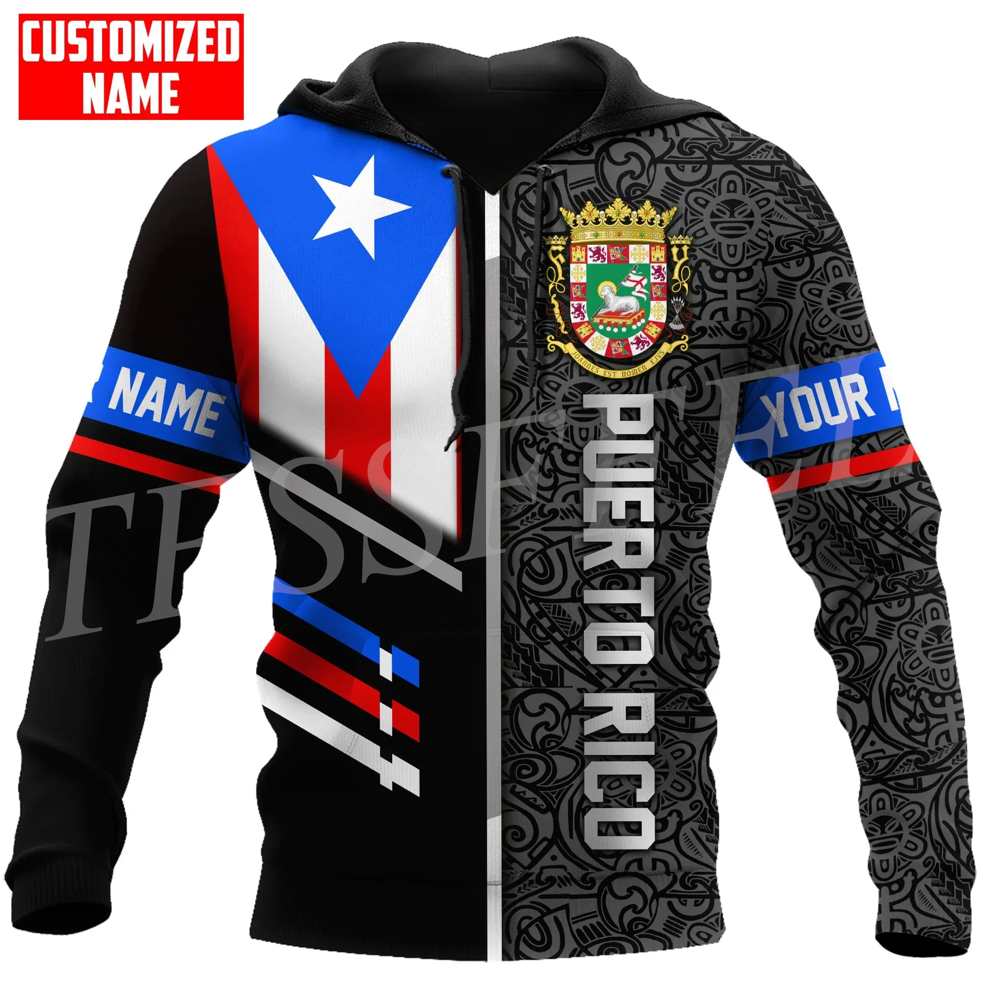 Custom Name Country Puerto Rico Boricua Taino Caribbean Sea Tattoo Retro 3DPrint Harajuku Casual Funny Pullover Jacket Hoodies H