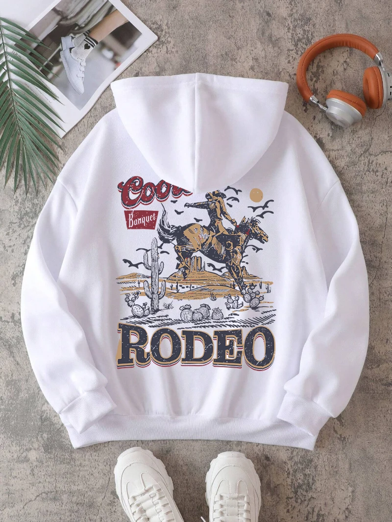 

Rodeo Hoodie Women Vintage Cowboy Printing Hooded Fleece Warm Pocket Loose Pullovers Autumn Winter Comfortable Woman Clothes