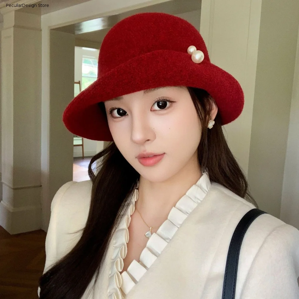 Fashion Retro Wool Blend Fedoras Hat Curled Brim Pearl Hepburn Style Topper Hat French Style Pure Color Women Formal Hat Ladies