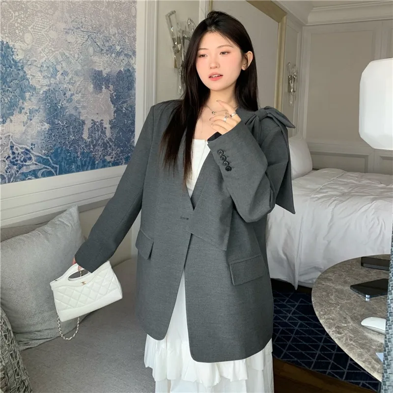 봄 가을 여성 패션 활 장식 회색 정장 재킷 v 넥 싱글 버튼 긴 소매 느슨한 캐주얼 여성 블레이저 코트