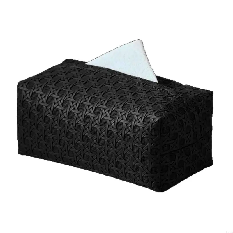 Multipurpose PU Leather Tissue Box Cover Rattan Weave Waterproof Easy Cleaning for Household Automotive Office Use 