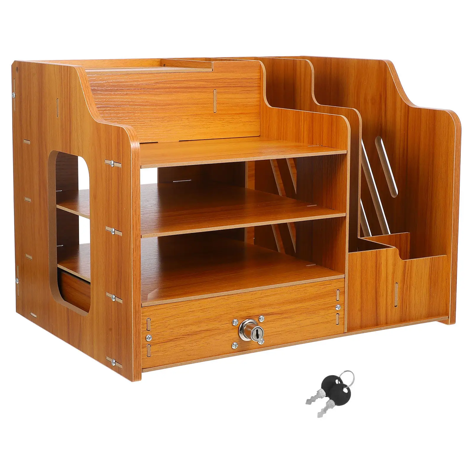 Wooden Desk Organizer 2 Drawers Multifunctional Desktop Bookshelf Office Home Storage Pens Notepads Stationery Cherry