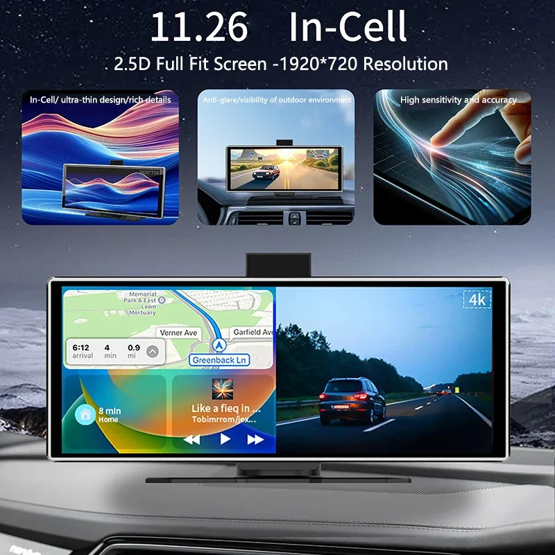 11.26in شاشة لمس داخل الخلية HD كاميرا سيارة لاسلكية أمامية 4K وخلفية 1080P شاشة Carplay الذكية سجل القيادة