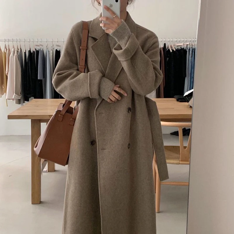 

Chic Autumn Winter Woolen Coat Double Breasted Casual Knee Length Overcoat Warm Trench Coat Korean Sle Straight Cut Long Sl...