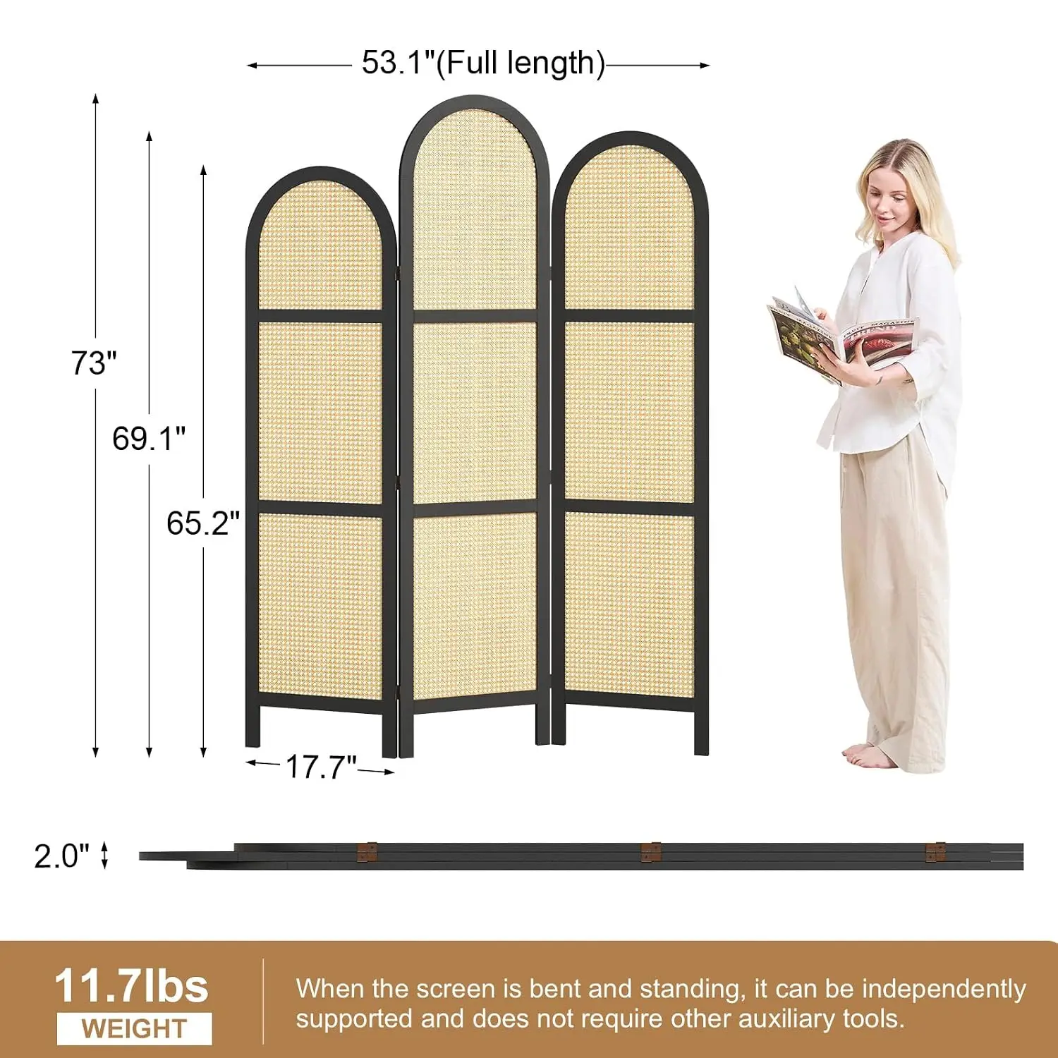 Folding Room Divider 3 Panels, 5.6 Ft Double Hinged Rattan & Wood Privacy Screen, Freestanding Partition for Bedroom, Living Roo