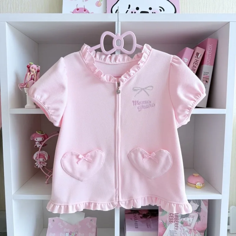 

Japanese Fresh Spliced Plested Zipper Design Cardigan Y2k Sweet Cute Love Shape Pockets Design T Shirts Bow Appliques Girl Tops