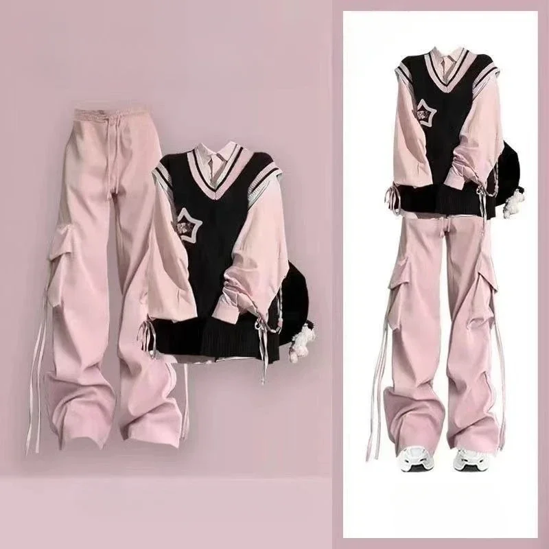 2025 New Fashion Cute Preppy Style Autumn Outfit Vest+ Shirt+ Pants Set Casual Women's Korean Spicy Girl Work Pants 3 Piece Sets